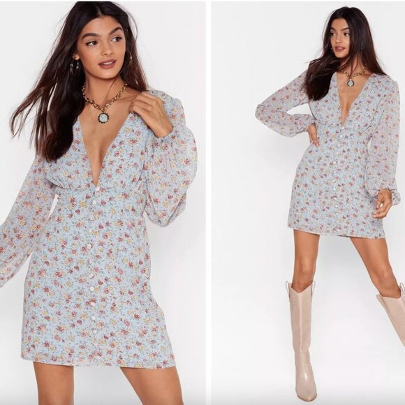 Nasty Gal Let's Grow Dancin' Floral Mini Dress Chiffon Puff Sleeve Blue Size 8 - Picture 1 of 10